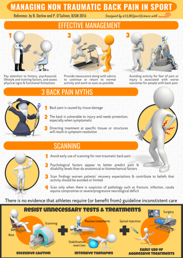 Info-graphic on managing non traumatic back pain in sport. 