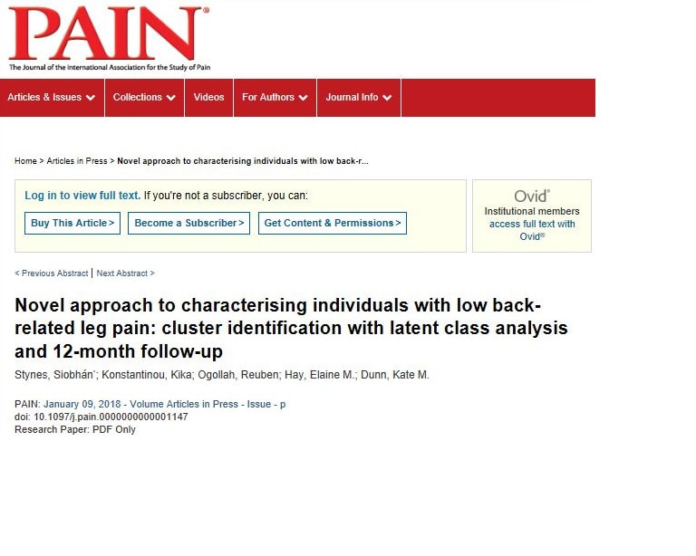 Pain journal web page. A study on low back-related leg pain. January 2018 