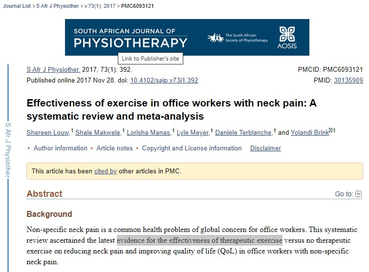 South African Journal of Physiotherapy article on neck pain in the office workers people.