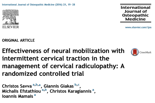 Page of an osteopathic article research: Effectiveness of neural mobilization with intermittent cervical traction in the management of cervical radiculopathy: A randomized controlled trial