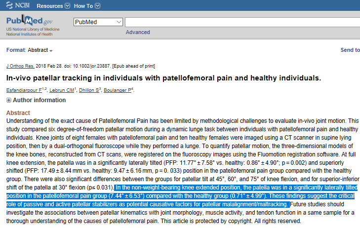 In-vivo patellar tracking in individuals with patellofemoral pain and healthy individuals.